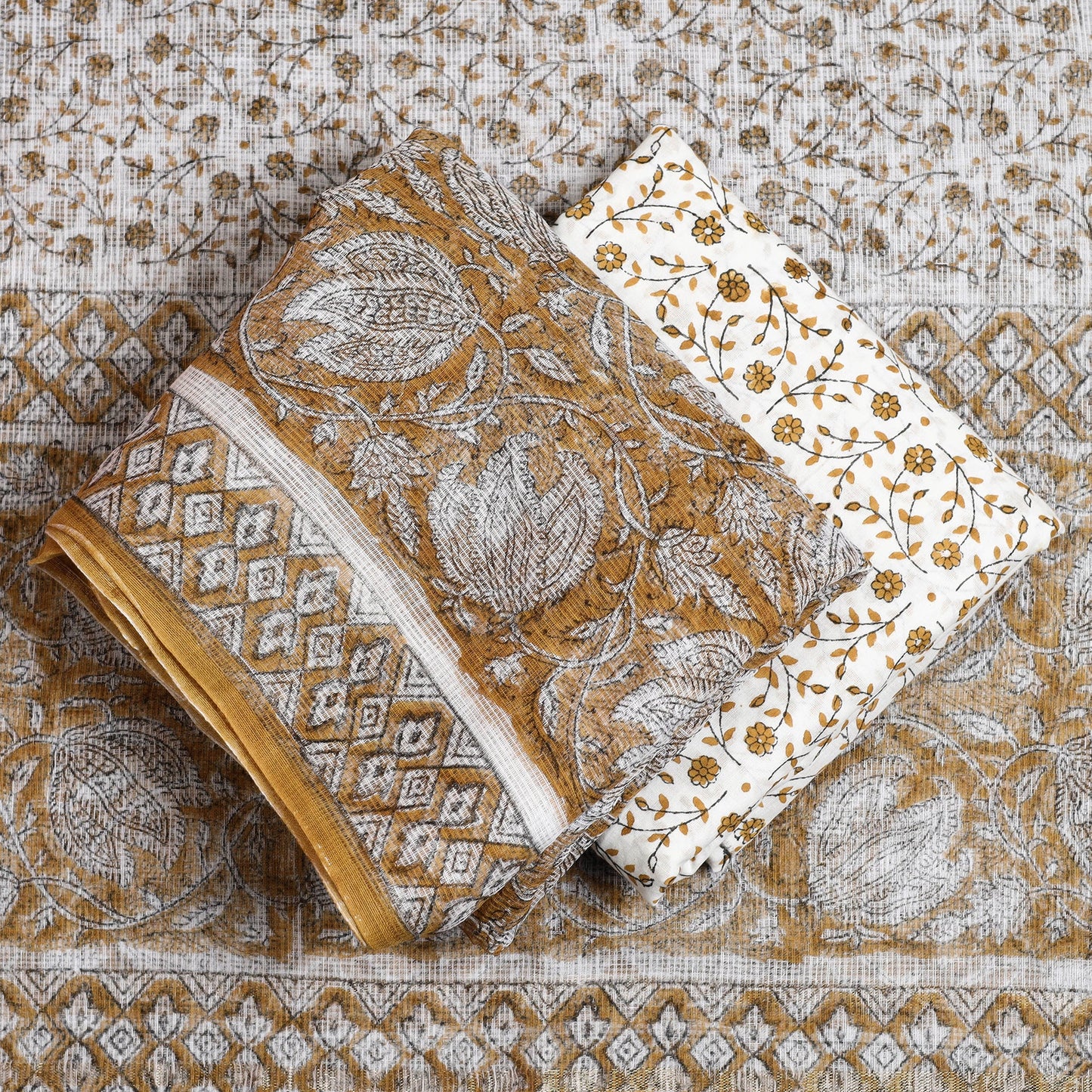 3pc Brown Sanganeri Block Print Kota Cotton Dress Material