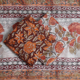 Brown - 3pc Sanganeri Block Printed Chanderi Silk Suit Material Set