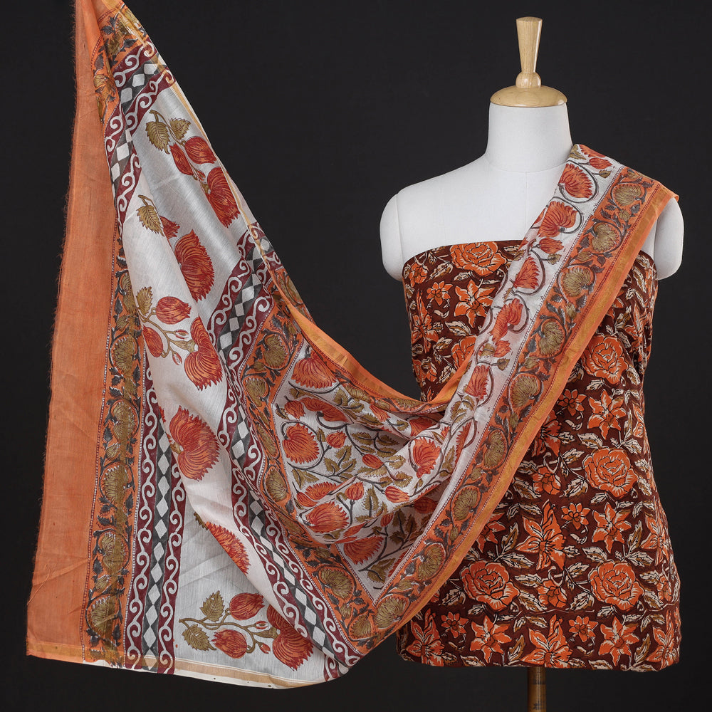 Brown - 3pc Sanganeri Block Printed Chanderi Silk Suit Material Set