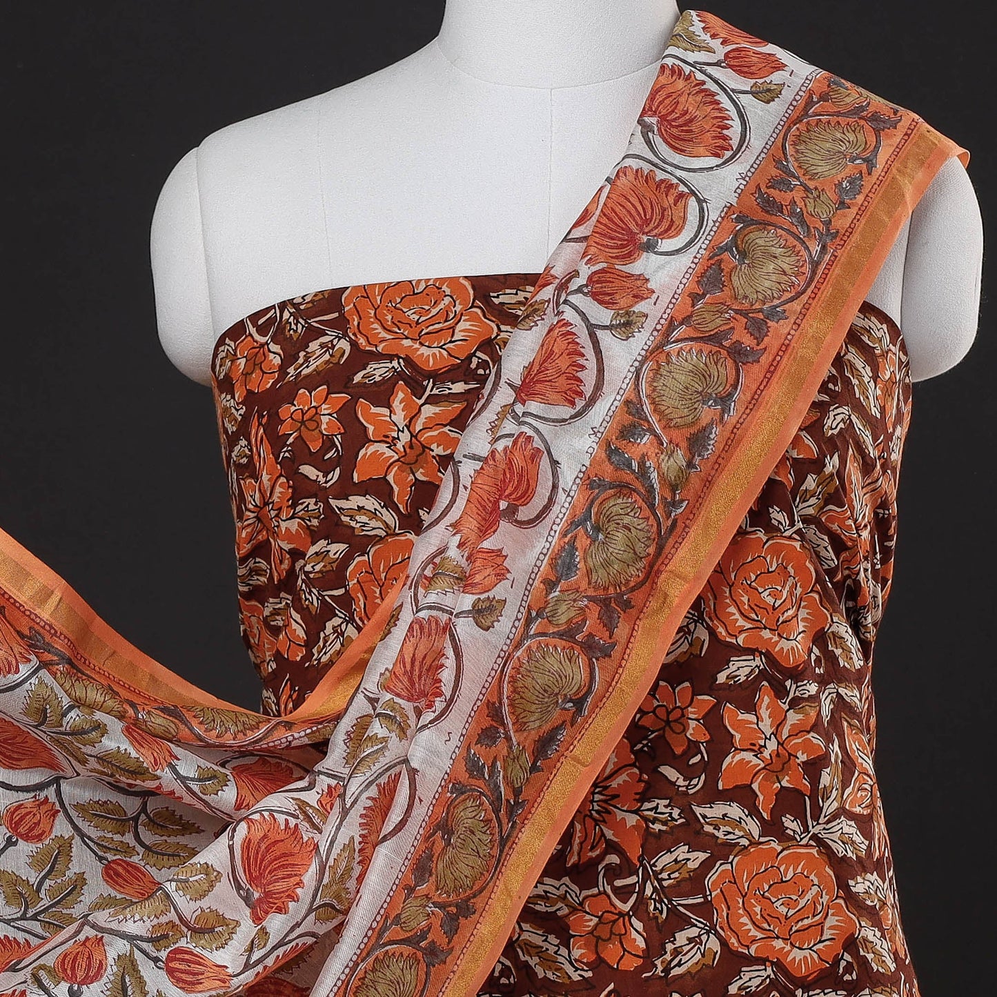 Brown - 3pc Sanganeri Block Printed Chanderi Silk Suit Material Set