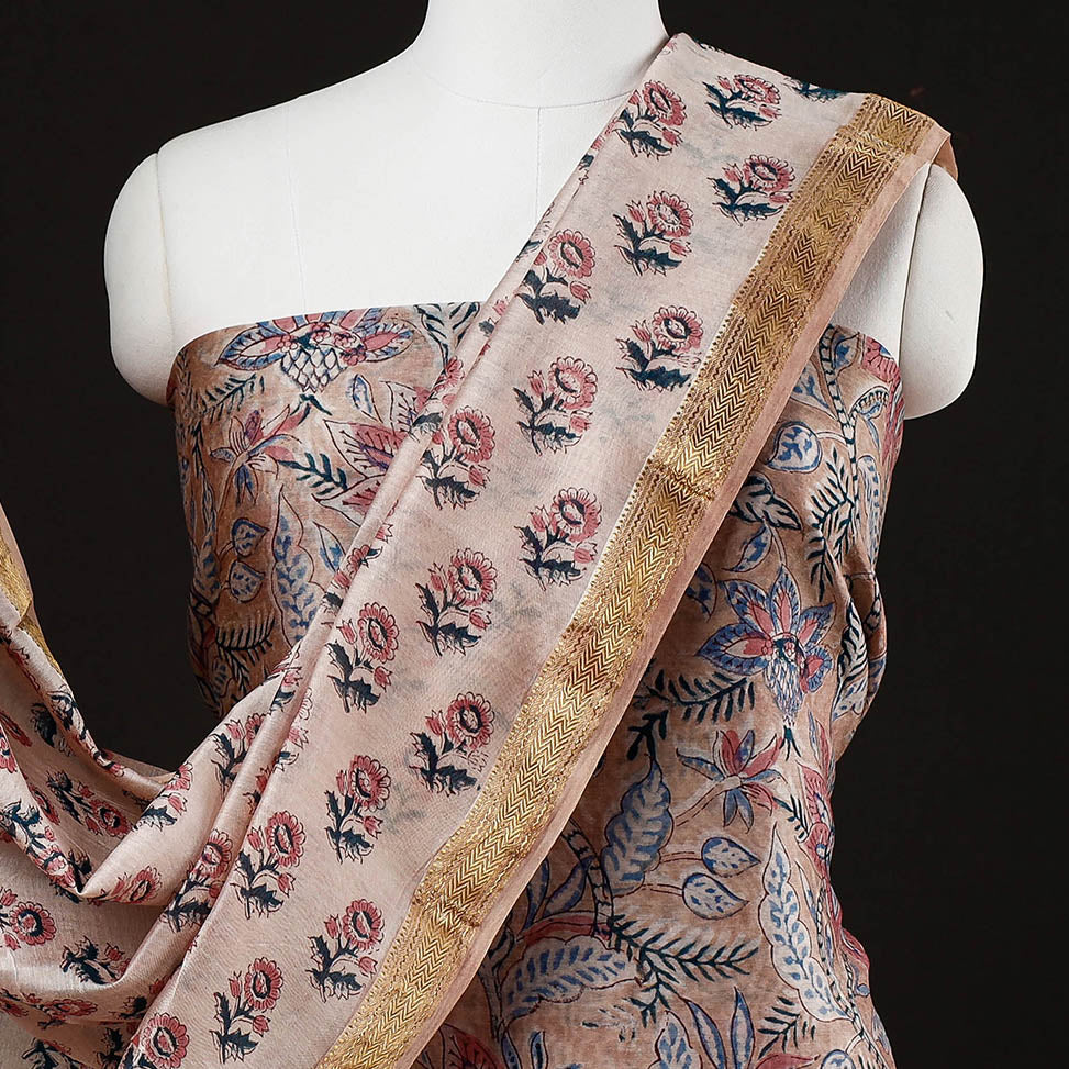 Buy 3pc Sanganeri Block Printed Maheshwari Silk Suit Material Set Online at iTokri.com