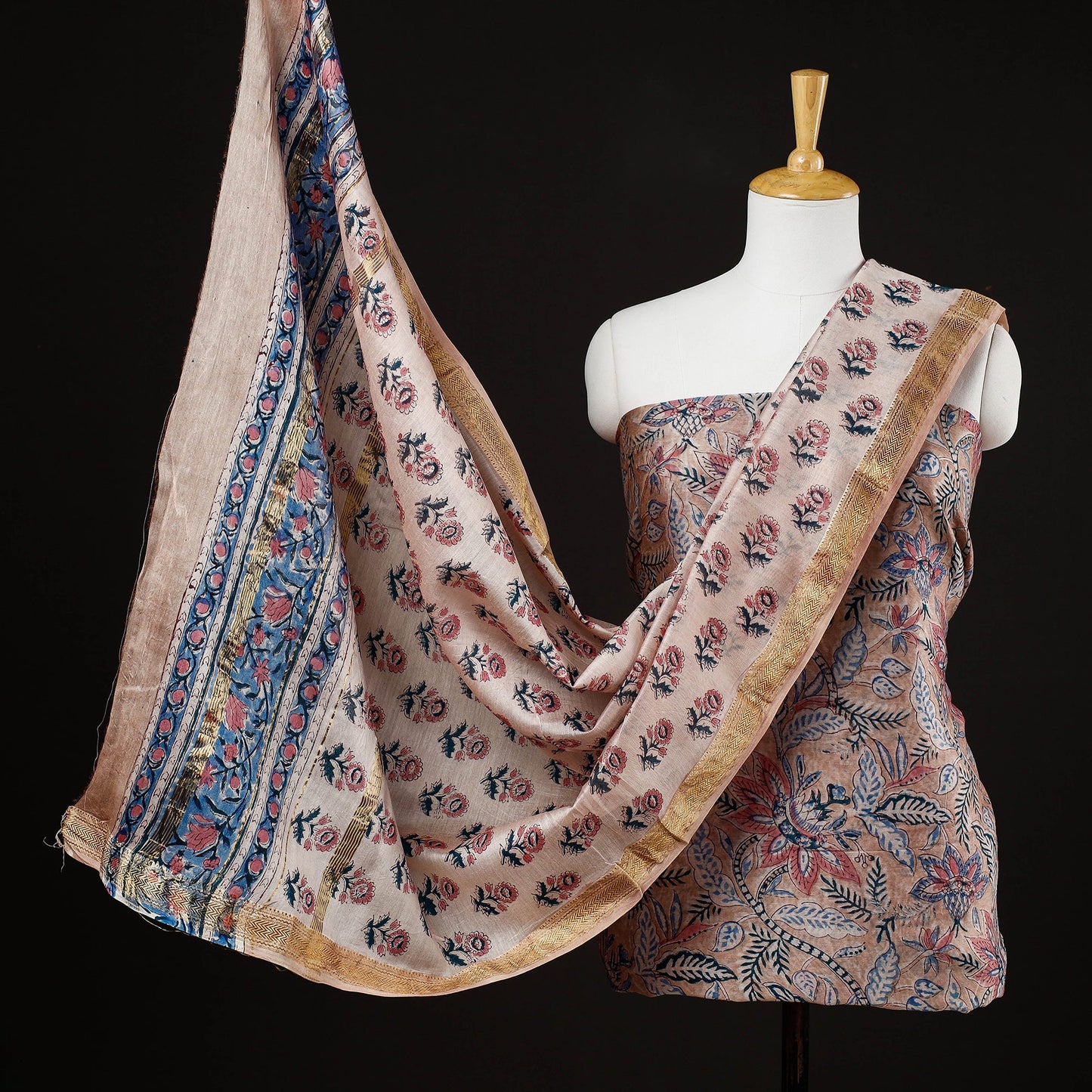 Buy 3pc Sanganeri Block Printed Maheshwari Silk Suit Material Set Online at iTokri.com