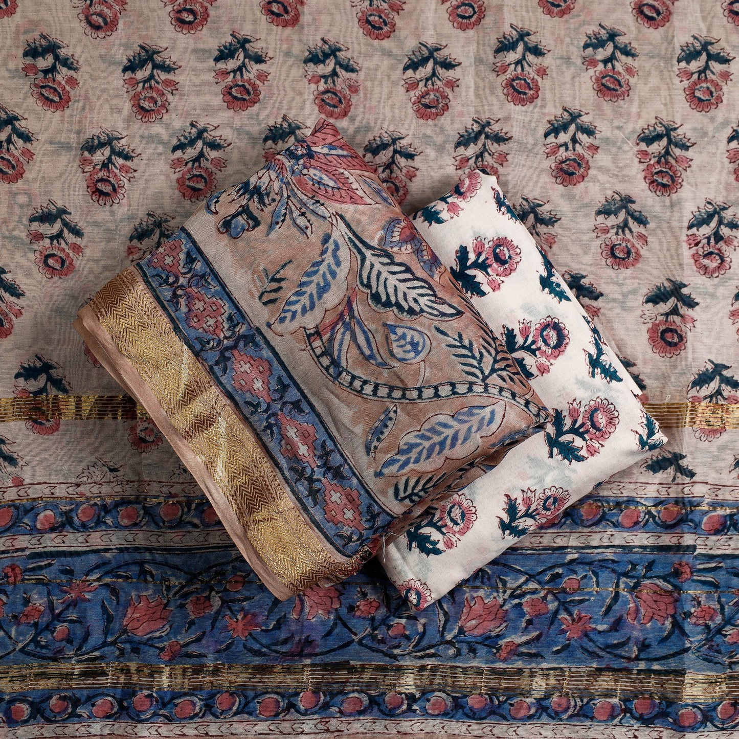Buy 3pc Sanganeri Block Printed Maheshwari Silk Suit Material Set Online at iTokri.com