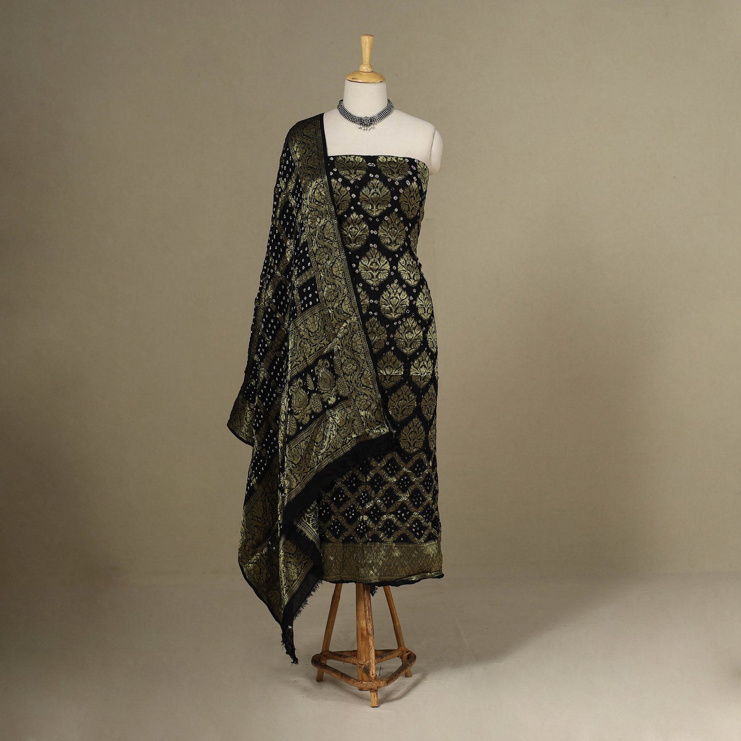 Brown - 3pc Tie-Dye Heavy Zari Work Unstitched Bandhani Dress Material