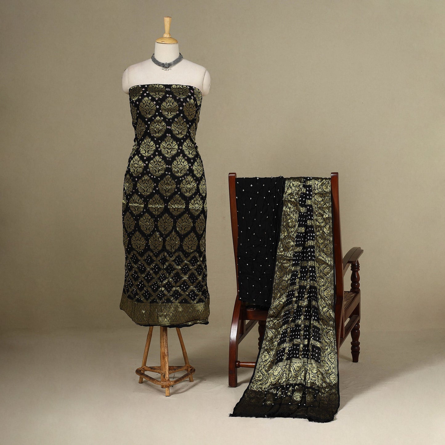 Brown - 3pc Tie-Dye Heavy Zari Work Unstitched Bandhani Dress Material