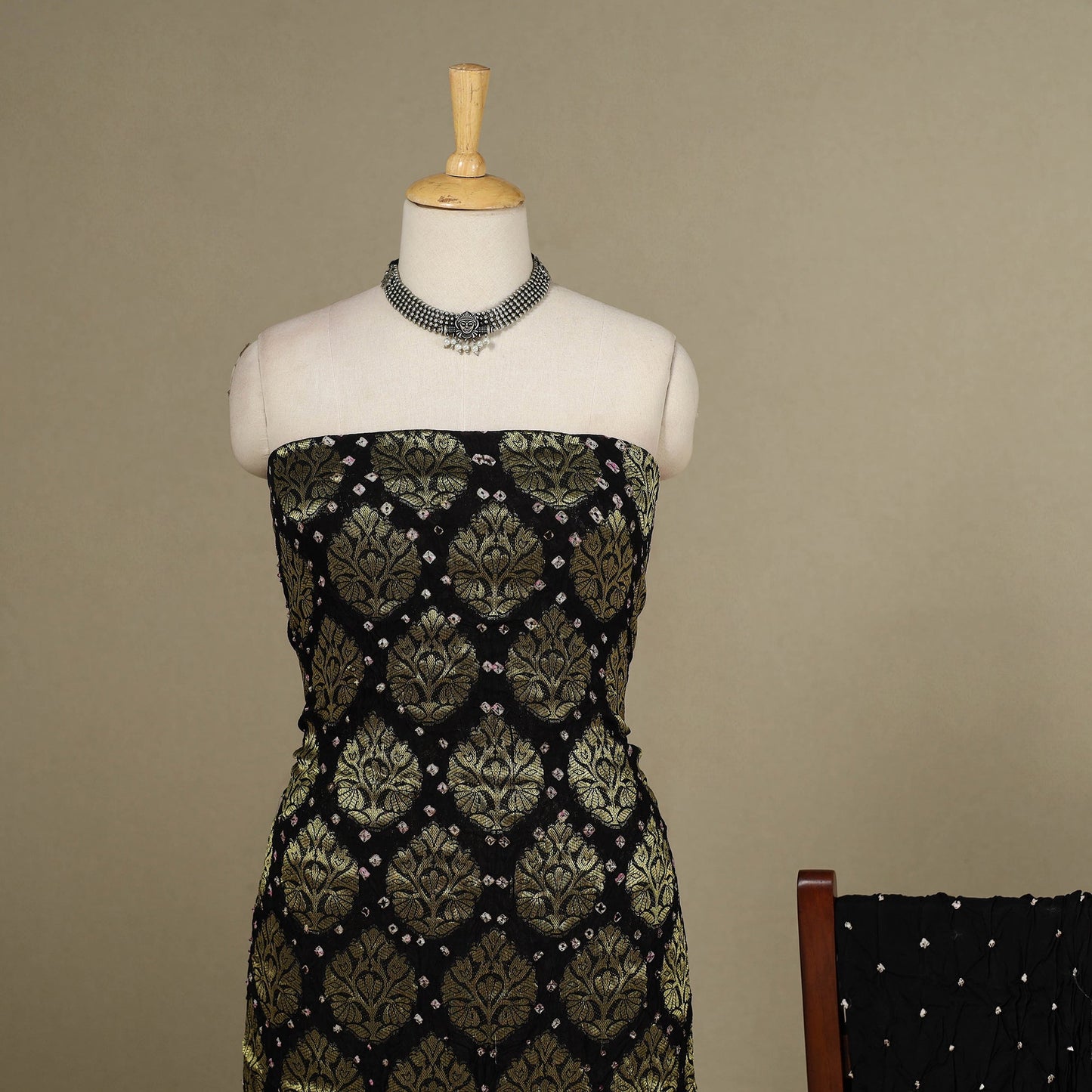 Brown - 3pc Tie-Dye Heavy Zari Work Unstitched Bandhani Dress Material