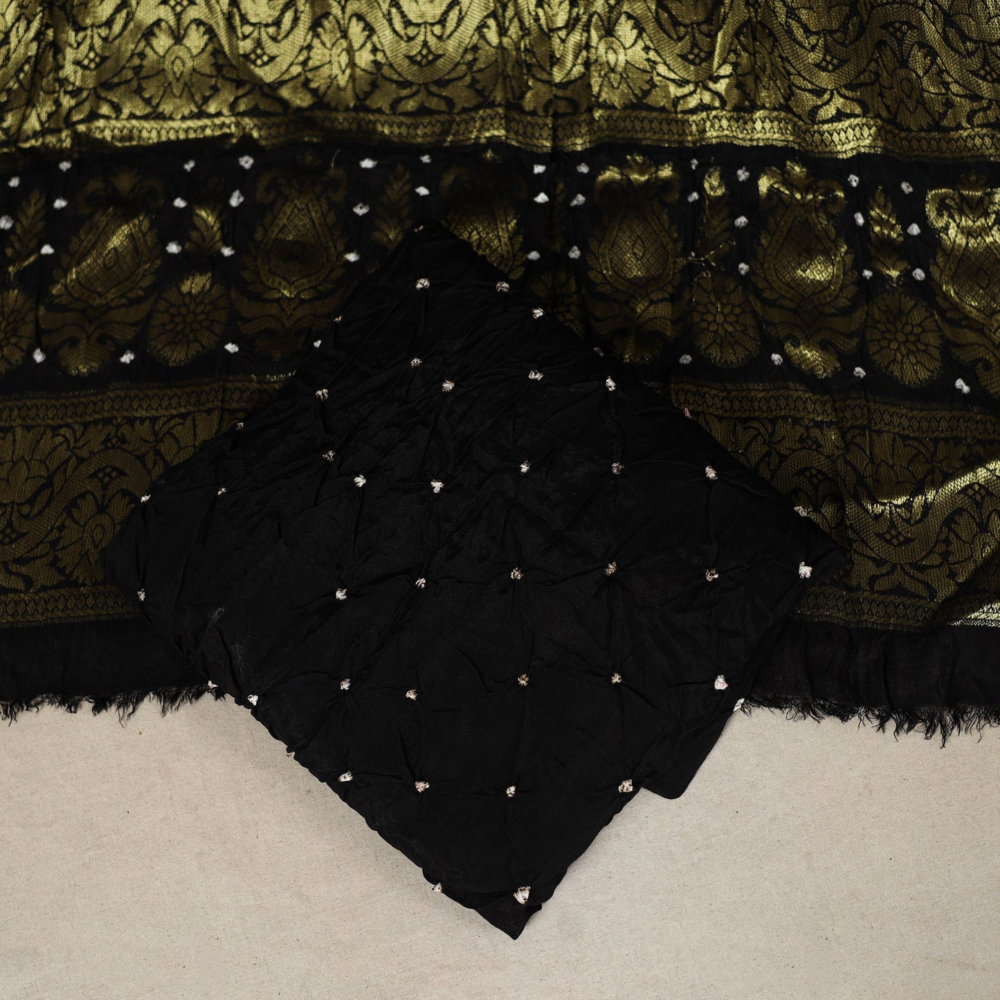 Brown - 3pc Tie-Dye Heavy Zari Work Unstitched Bandhani Dress Material