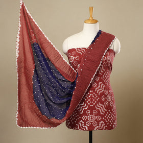 Buy 3pc Tie & Dye Satin Cotton Brown Bandhani Dress Material