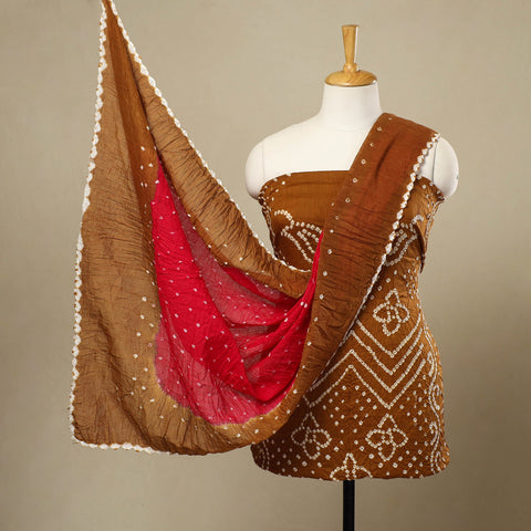  3pc Brown Tie & Dye Satin Cotton Bandhani Dress Material