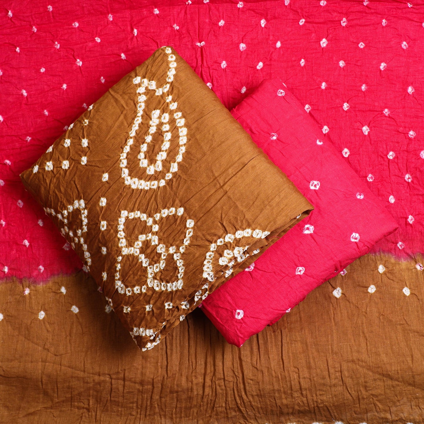  3pc Brown Tie & Dye Satin Cotton Bandhani Dress Material