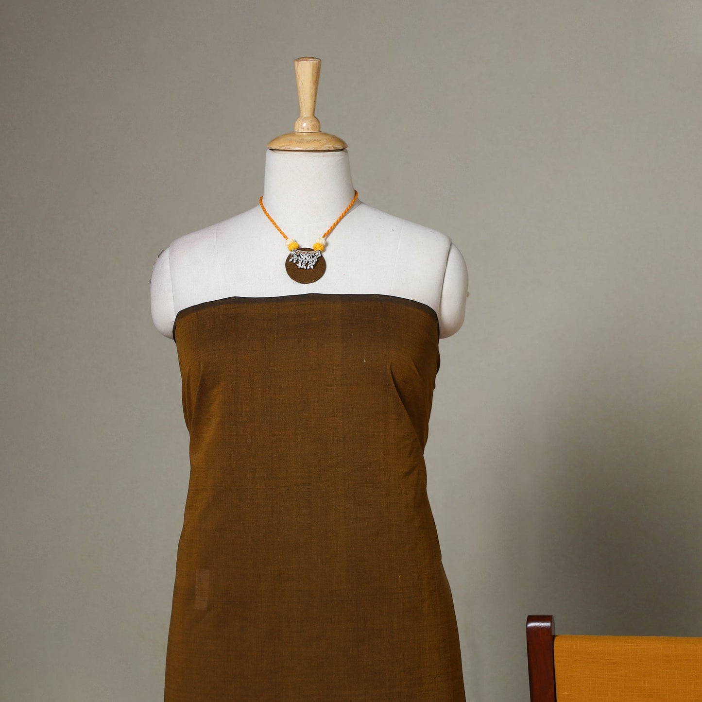 Brown - 3pc unstitched plain dress material with jewellery