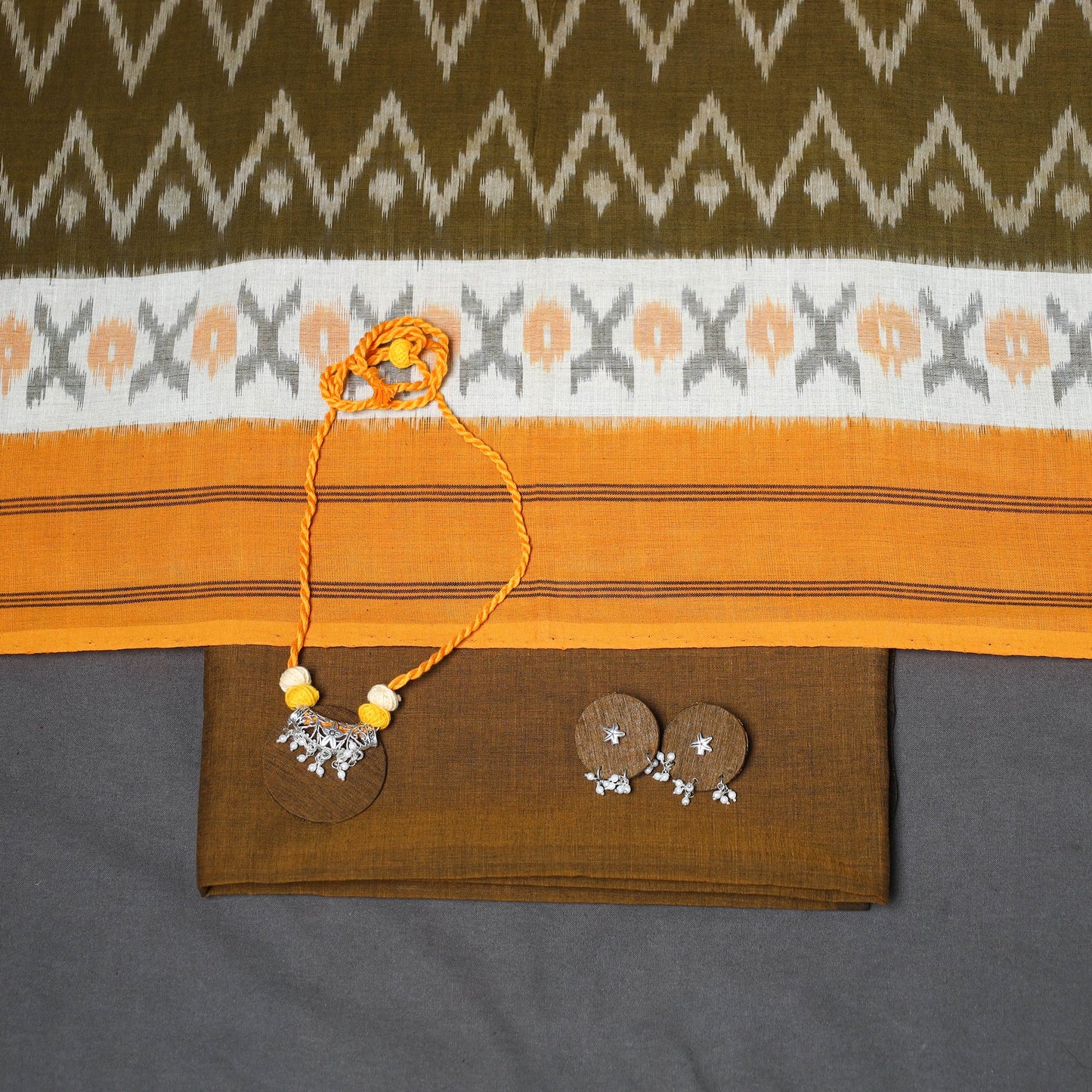 Brown - 3pc unstitched plain dress material with jewellery