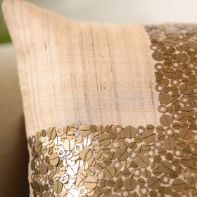 Brown - Aari Embroidery Sequin Work Mercerised Ghicha Silk Cushion Cover (16 x 16 in)