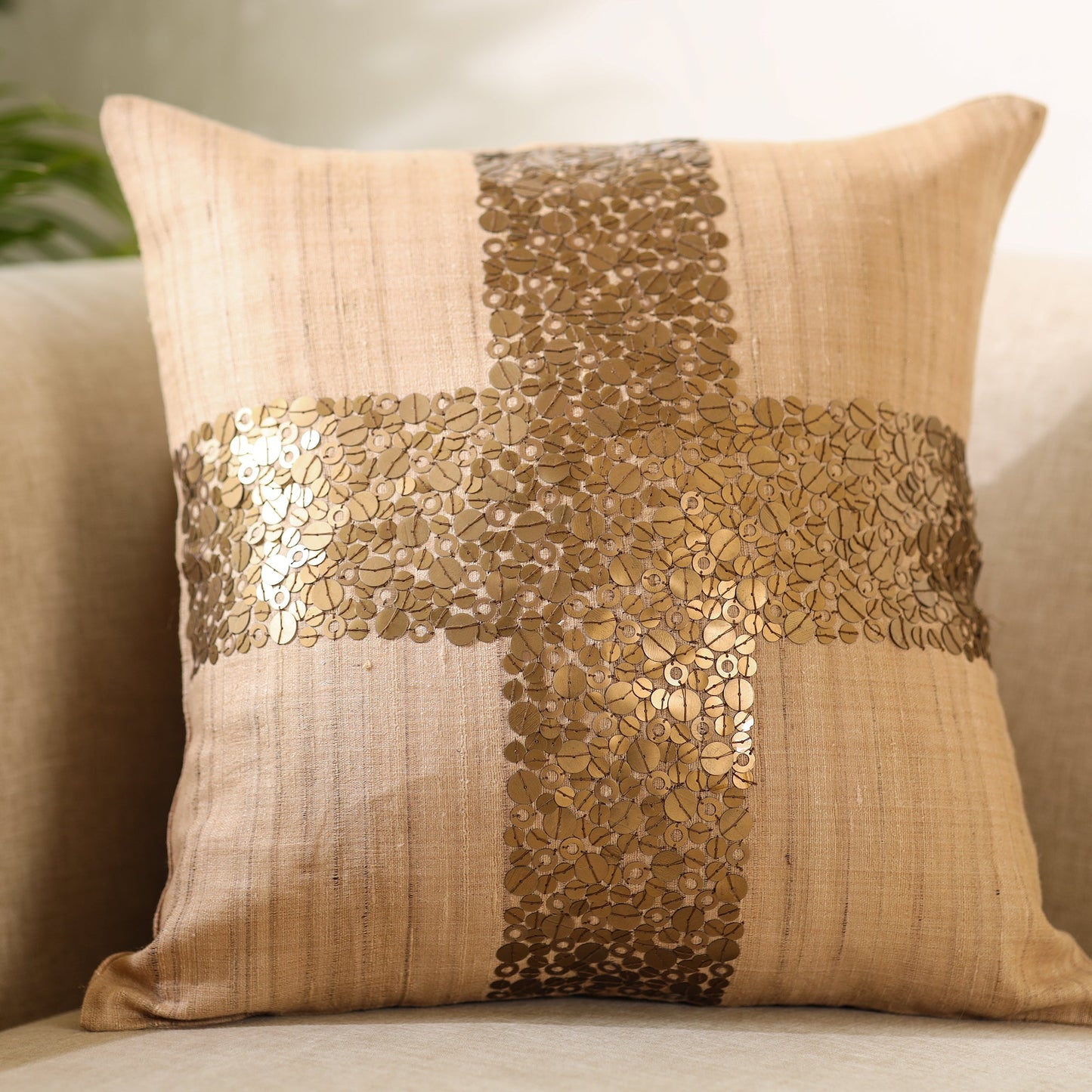 Brown - Aari Embroidery Sequin Work Mercerised Ghicha Silk Cushion Cover (16 x 16 in)