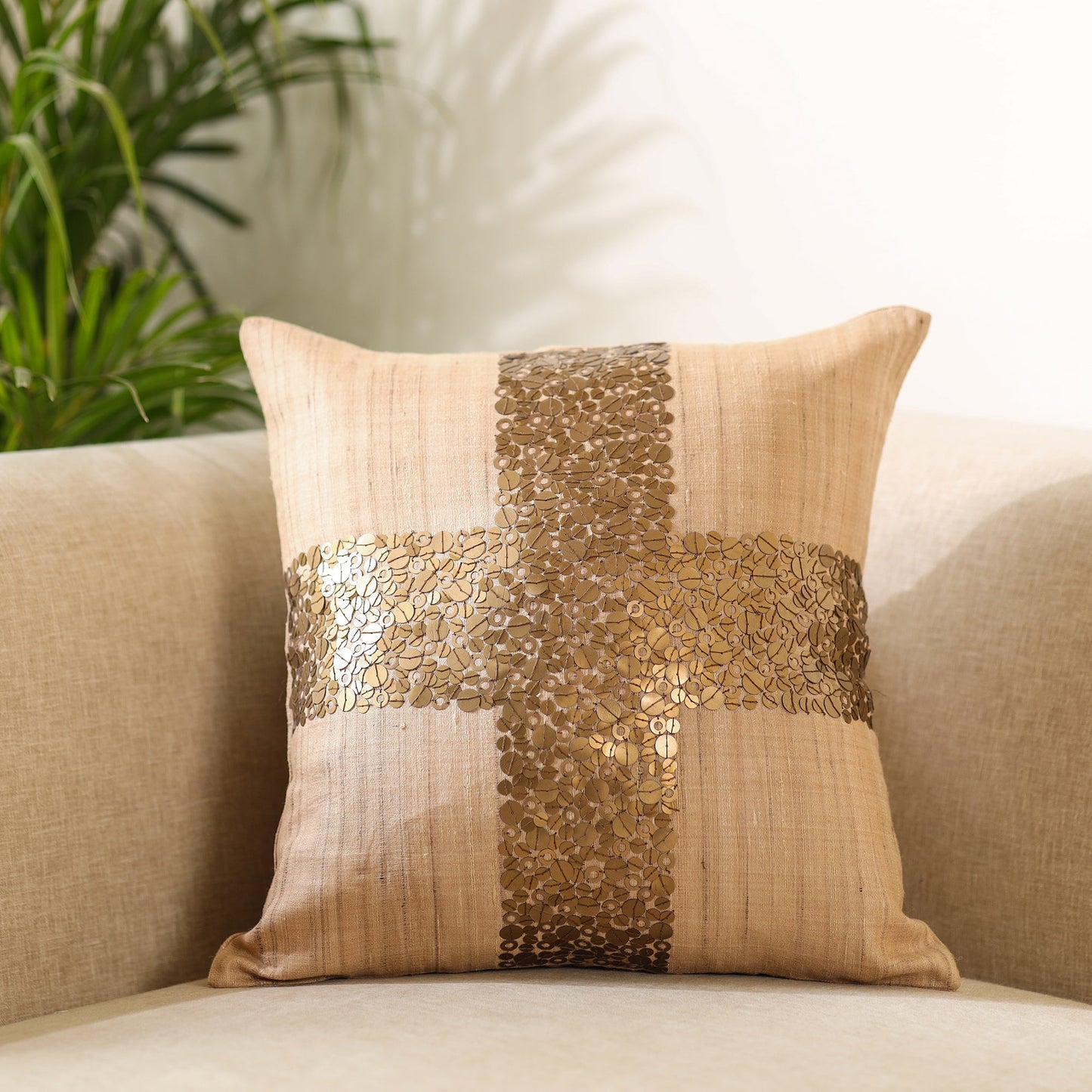 Brown - Aari Embroidery Sequin Work Mercerised Ghicha Silk Cushion Cover (16 x 16 in)