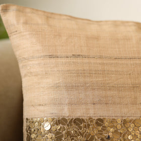 Brown - Aari Embroidery Sequin Work Mercerised Ghicha Silk Cushion Cover (16 x 16 in)