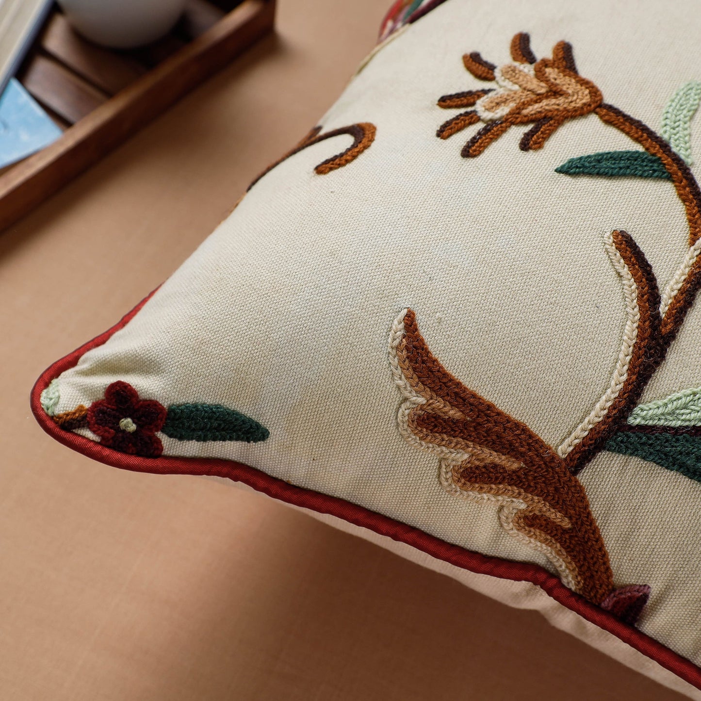 Brown Aari Hand Embroidery Cotton Duck Cushion Cover