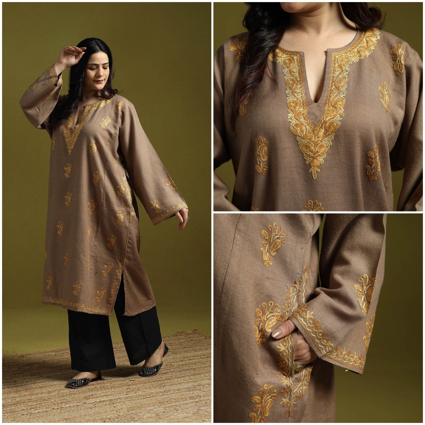 Brown - aari hand embroidery kashmiri merino wool pheran 29