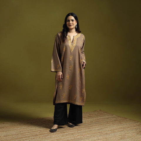Brown - aari hand embroidery kashmiri merino wool pheran 29