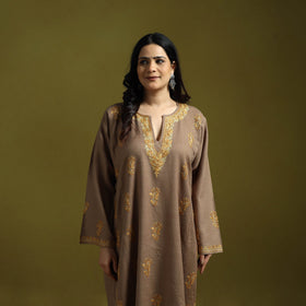 Brown - aari hand embroidery kashmiri merino wool pheran 29