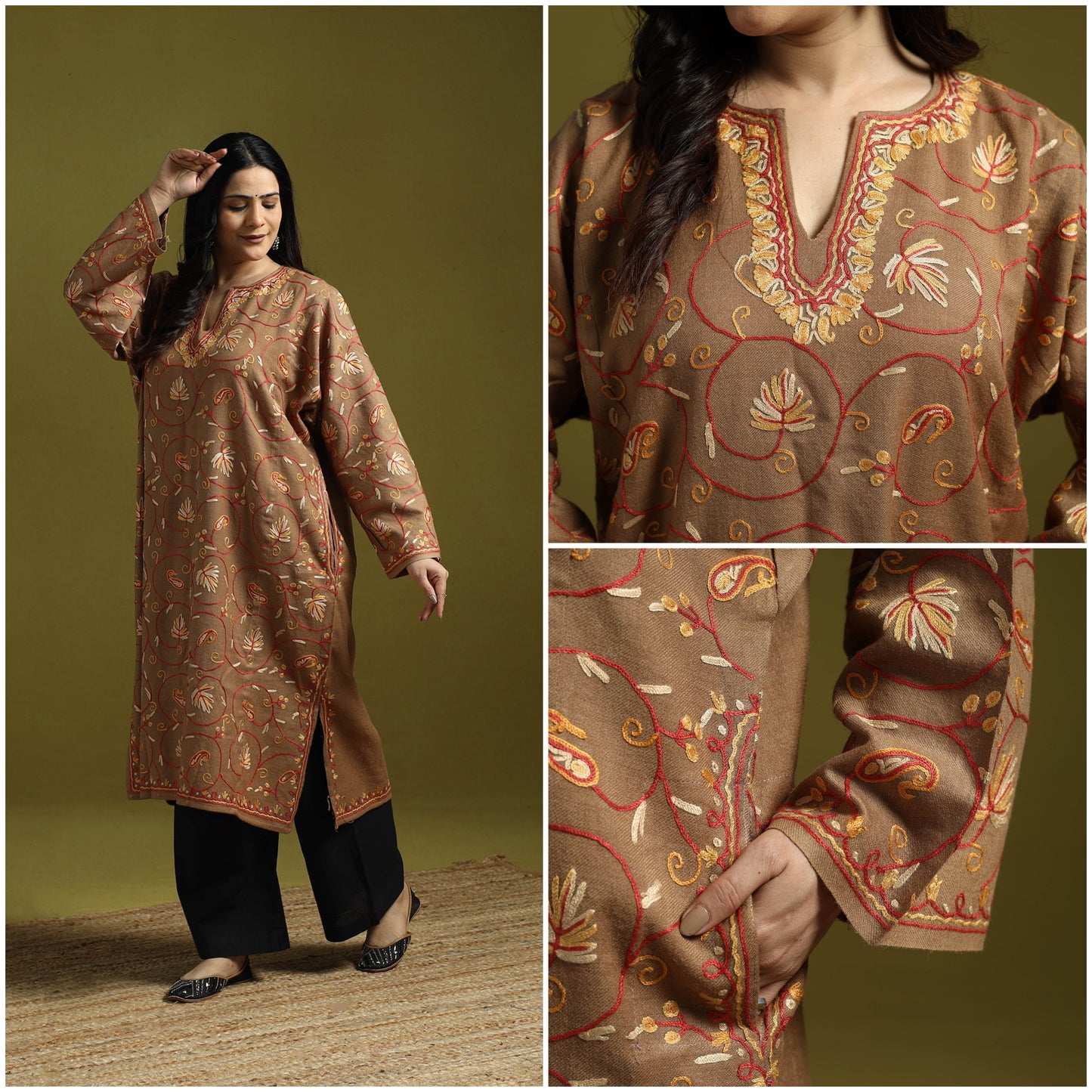 Brown - aari heavy hand embroidery kashmiri merino wool