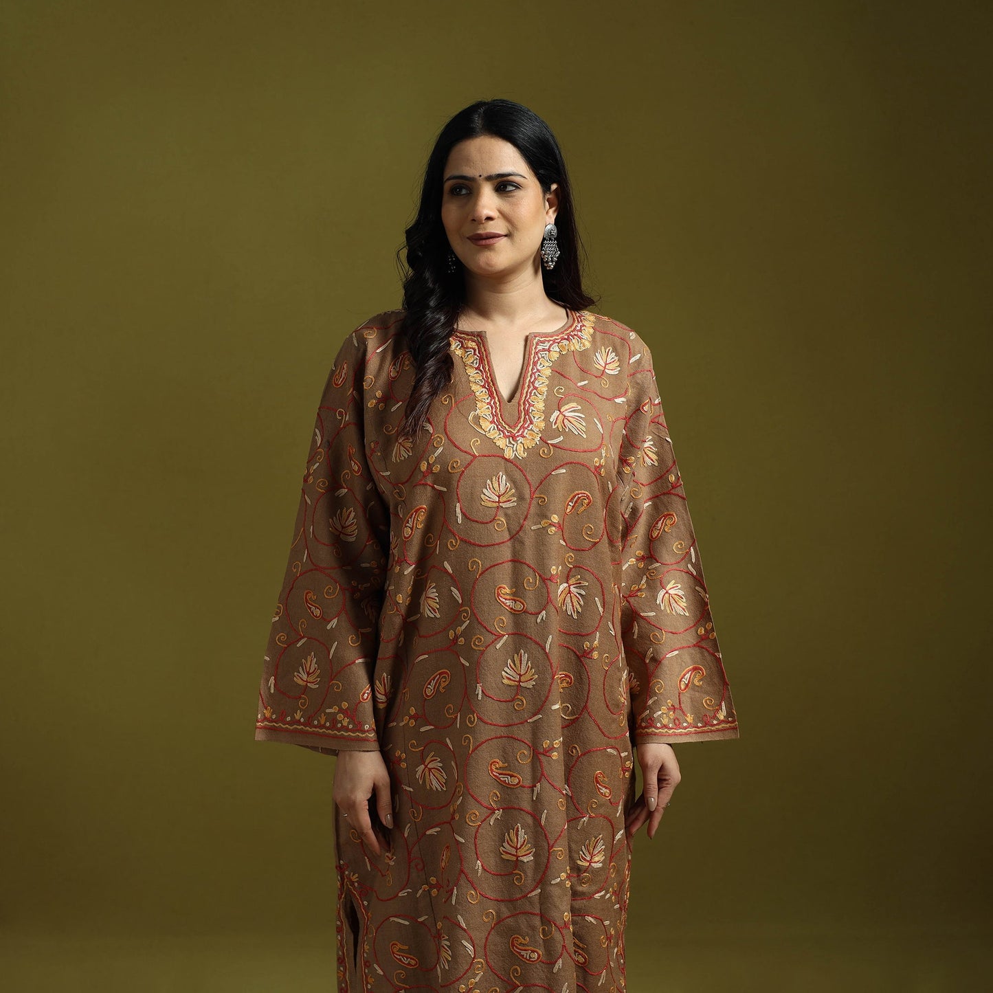 Brown - aari heavy hand embroidery kashmiri merino wool