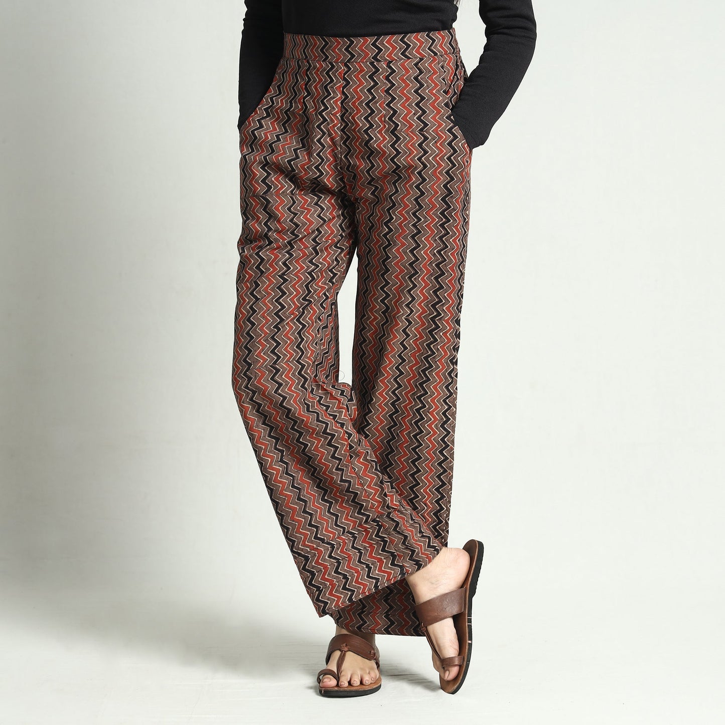 Brown - ajrakh block printed cotton elasticated palazzo