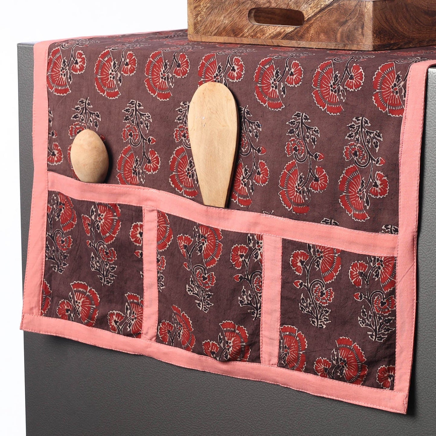 Brown Ajrakh Block Printed Cotton Fridge Top Cover with Multiple Pockets