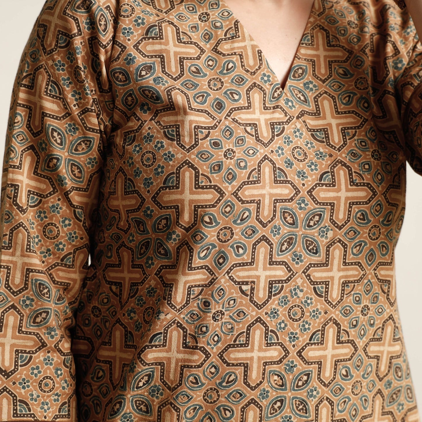 Brown - printed cotton kurta with palazzo & dupatta set