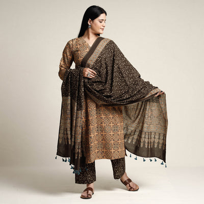 Brown - printed cotton kurta with palazzo & dupatta set