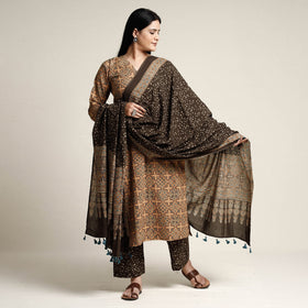Brown - printed cotton kurta with palazzo & dupatta set