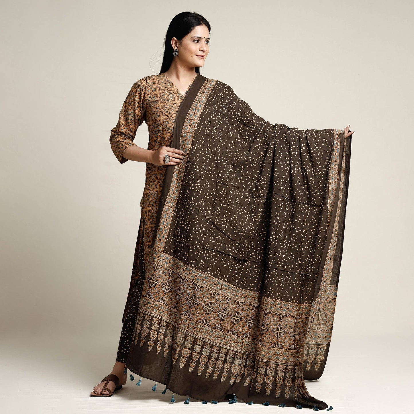 Brown - printed cotton kurta with palazzo & dupatta set
