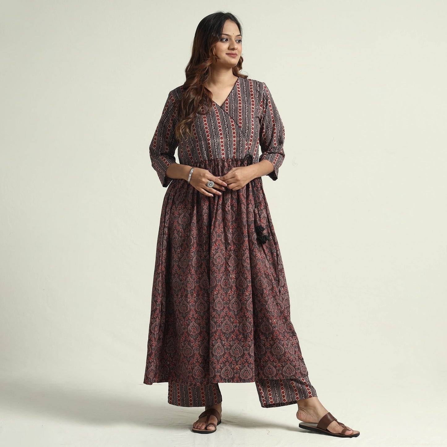 Brown - printed cotton kurta with palazzo set - handcrafted