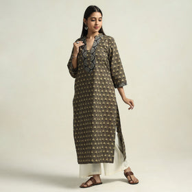 Brown - Ajrakh Block Printed Cotton Straight Kurta with Patch
