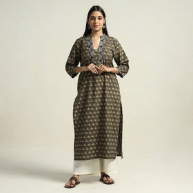 Brown - Ajrakh Block Printed Cotton Straight Kurta with Patch