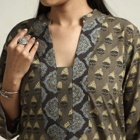 Brown - Ajrakh Block Printed Cotton Straight Kurta with Patch