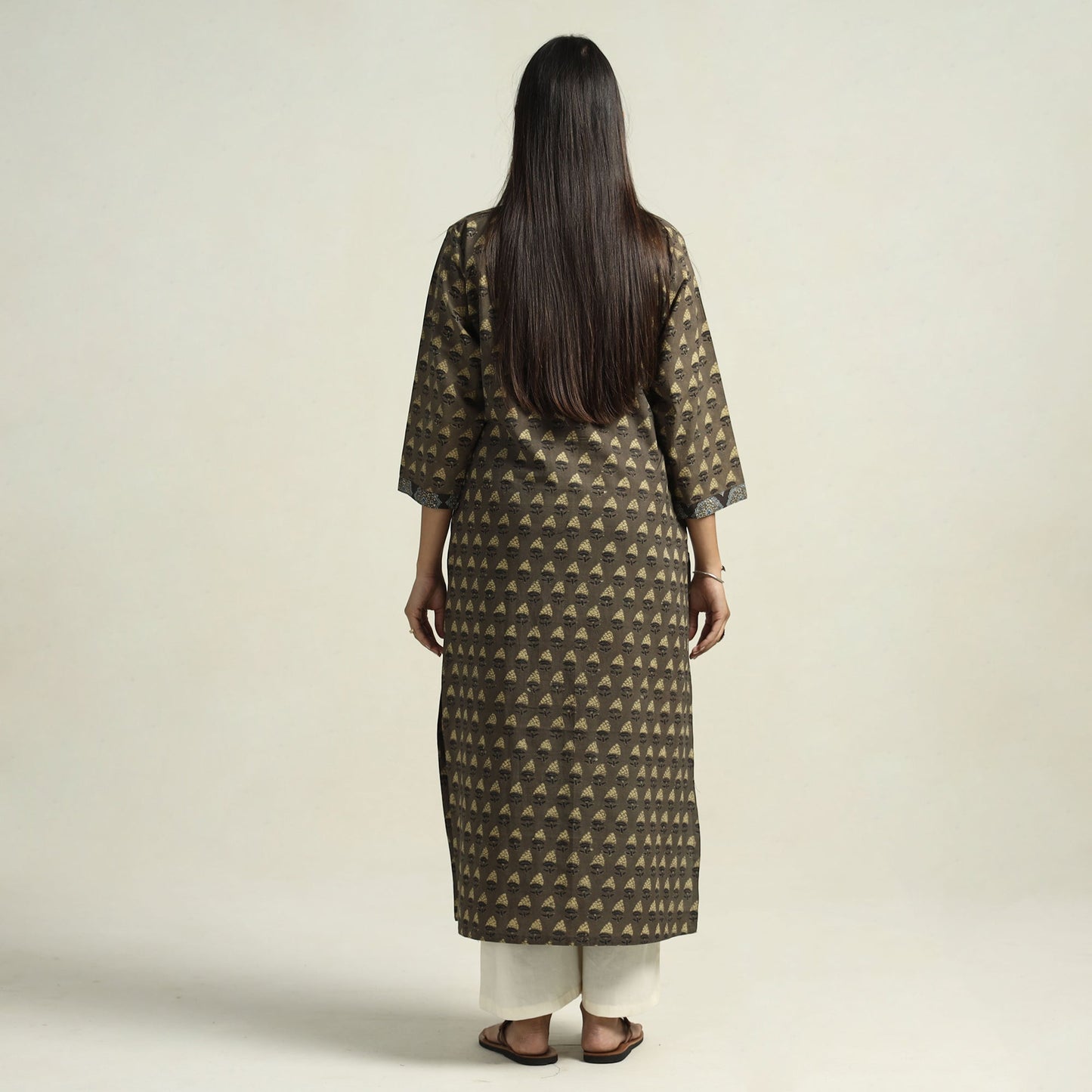Brown - Ajrakh Block Printed Cotton Straight Kurta with Patch