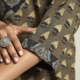 Brown - Ajrakh Block Printed Cotton Straight Kurta with Patch