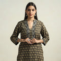 Brown - Ajrakh Block Printed Cotton Straight Kurta with Patch