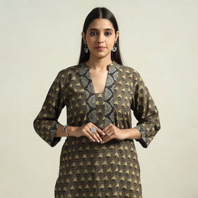 Brown - Ajrakh Block Printed Cotton Straight Kurta with Patch