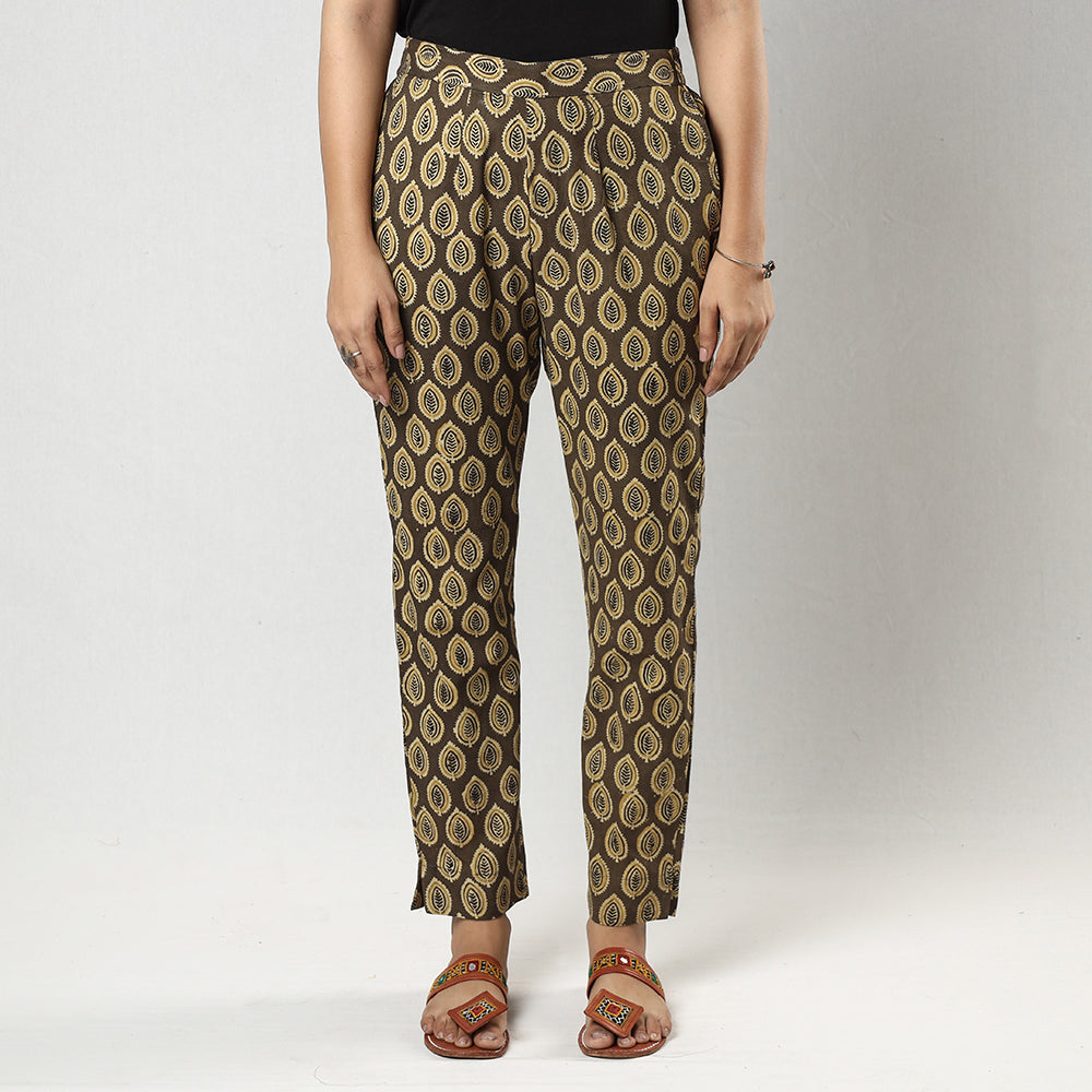 Buy Brown Ajrakh Block Printed Cotton Tapered Casual Pant for Women Online at iTokri.com