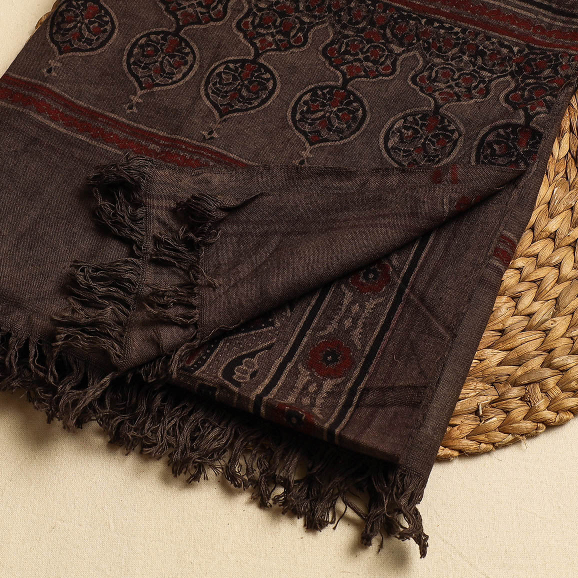 Brown Block Print Cotton Ajrakh Handloom Towel