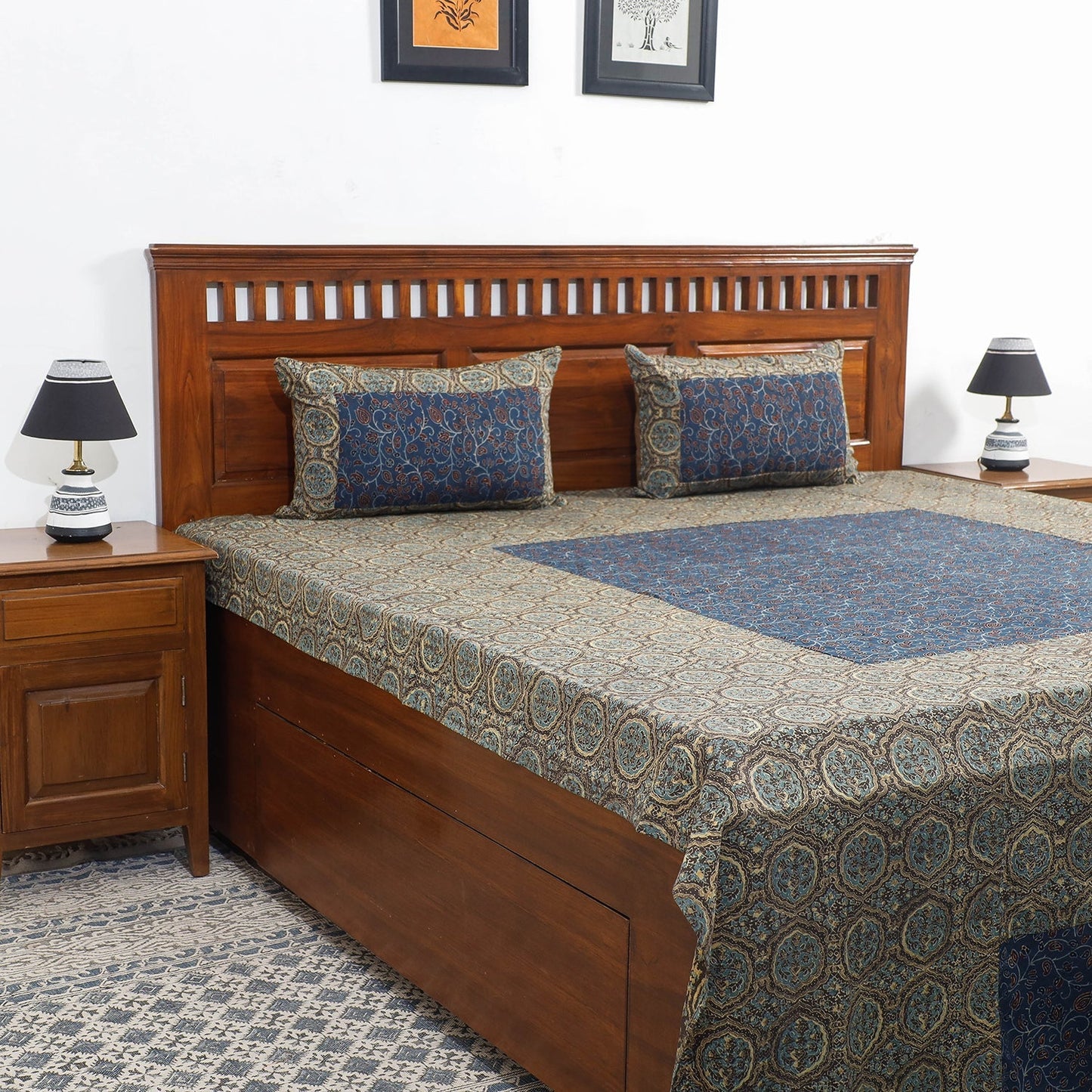 Buy Ajrakh Patch Tukdi Kaam Cotton Double Bed Cover with Pillow Covers Online l iTokri.com