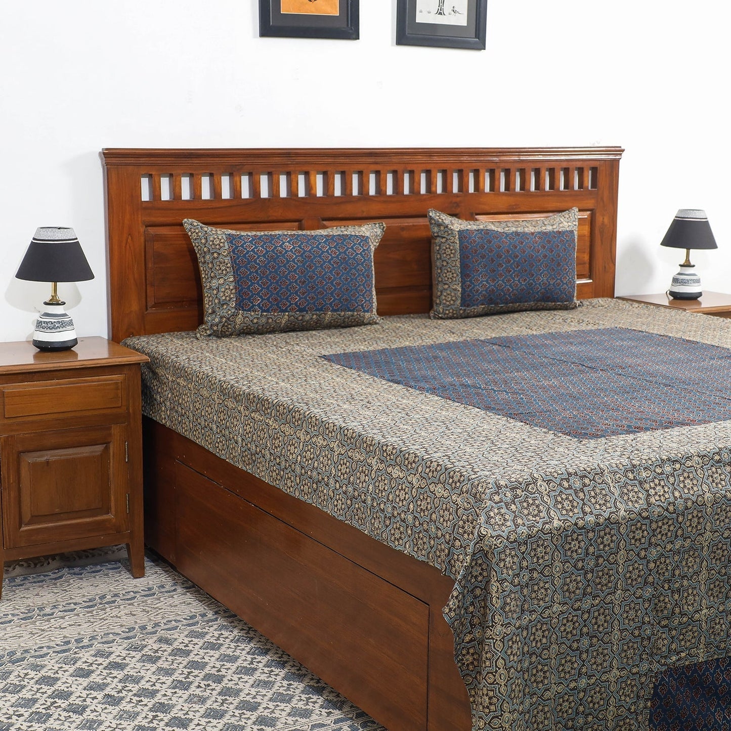 Buy Ajrakh Patch Tukdi Kaam Cotton Double Bed Cover with Pillow Covers Online l iTokri.com