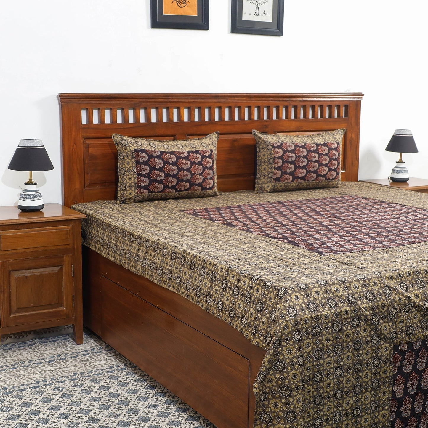  Ajrakh Patch Tukdi Kaam Cotton Double Bed Cover with Pillow Covers Online l iTokri.com
