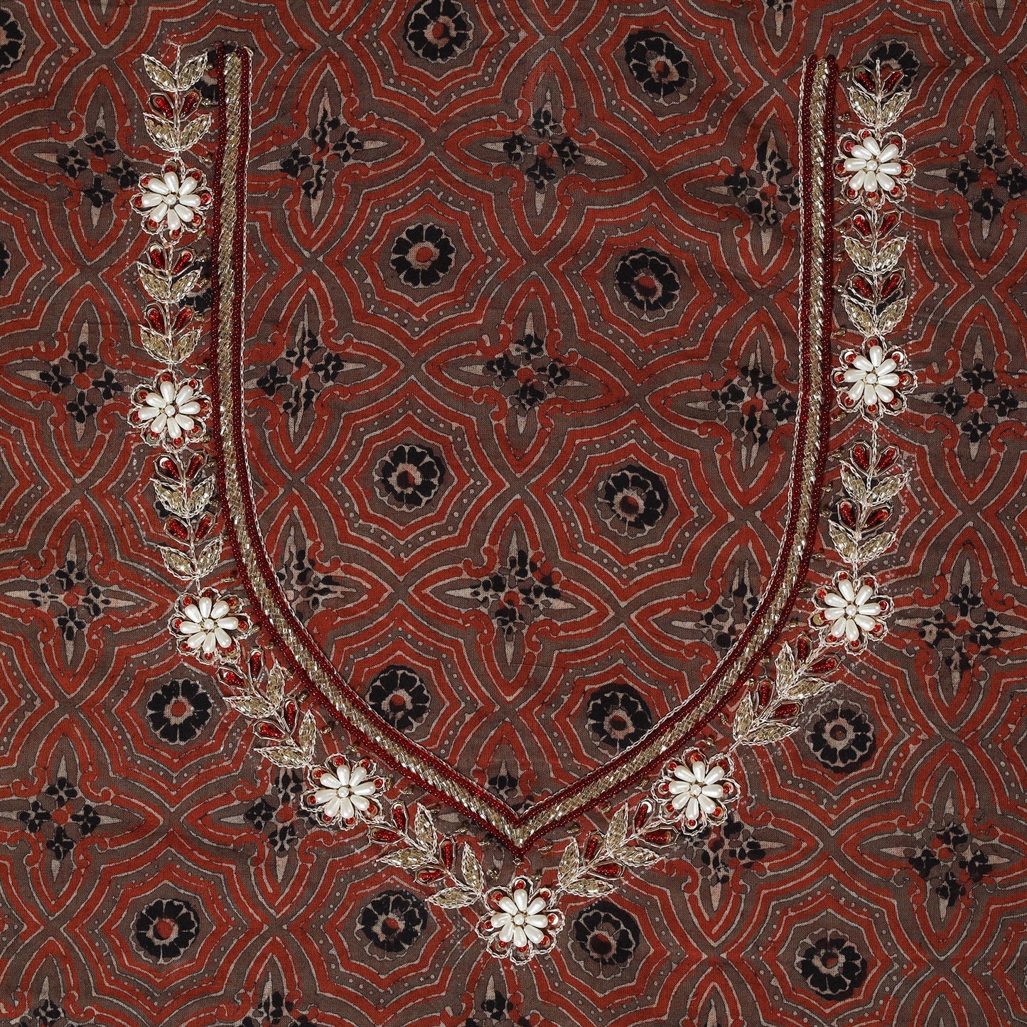 Ajrakh Print Hand Embroidery Cotton Blouse Piece