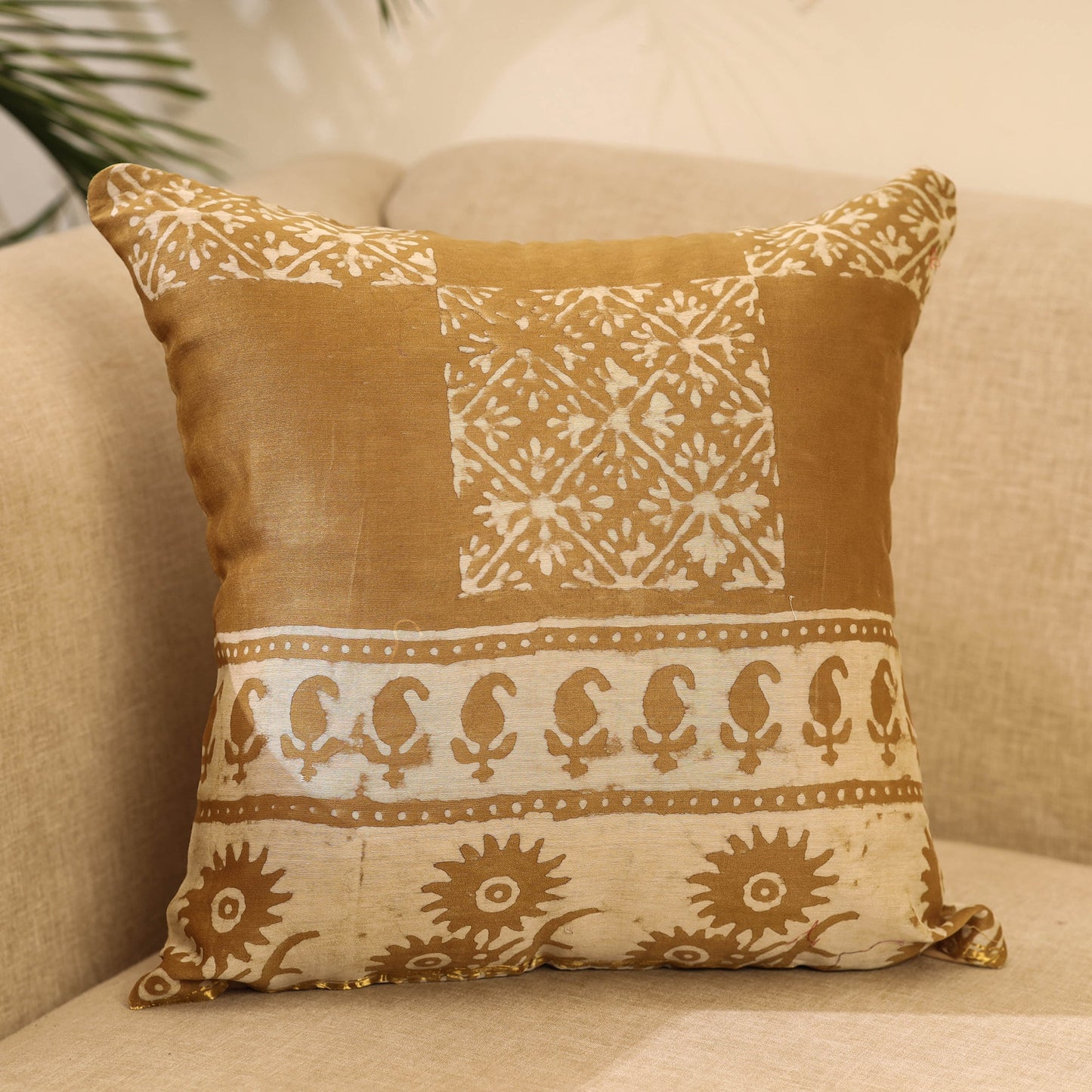 Buy Brown Akola Block Print Chanderi Silk Cushion Cover
