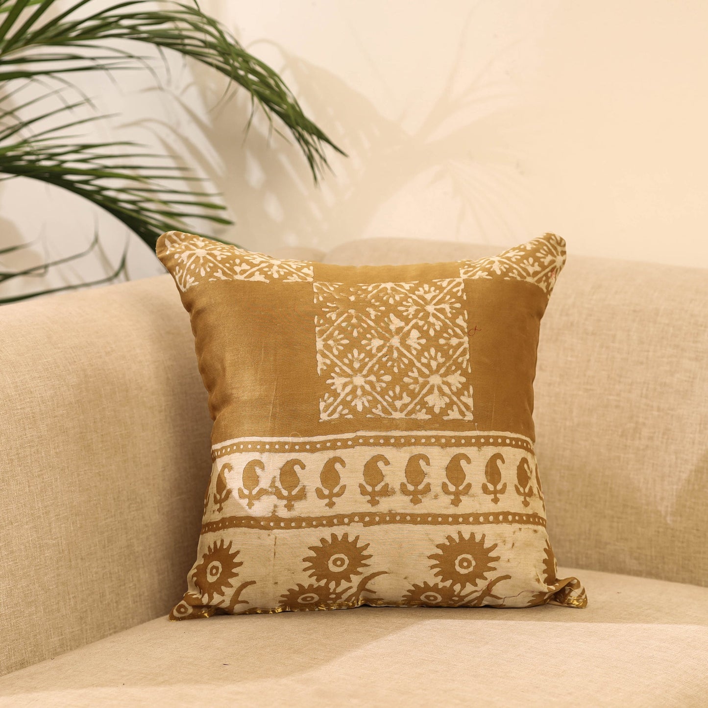 Buy Brown Akola Block Print Chanderi Silk Cushion Cover