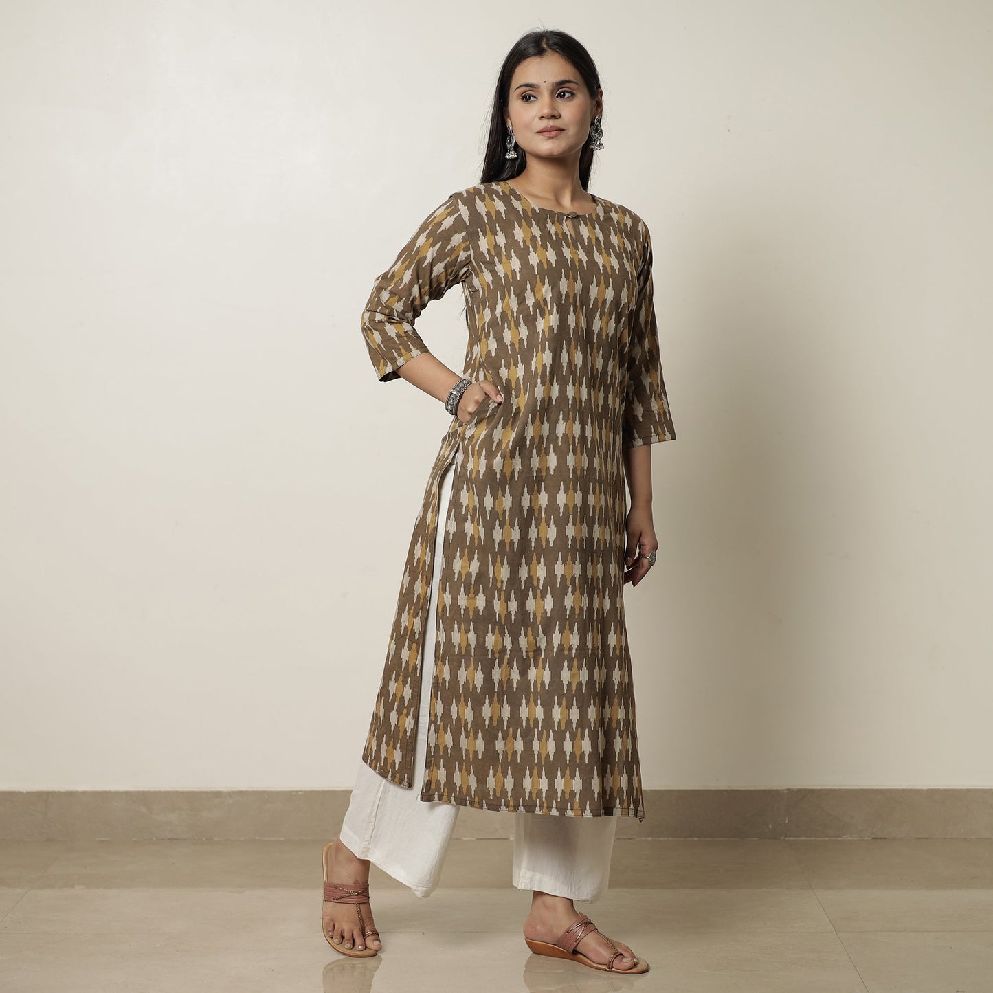 Brown - Akola Hand Block Printed Cotton Long Straight Kurta 38