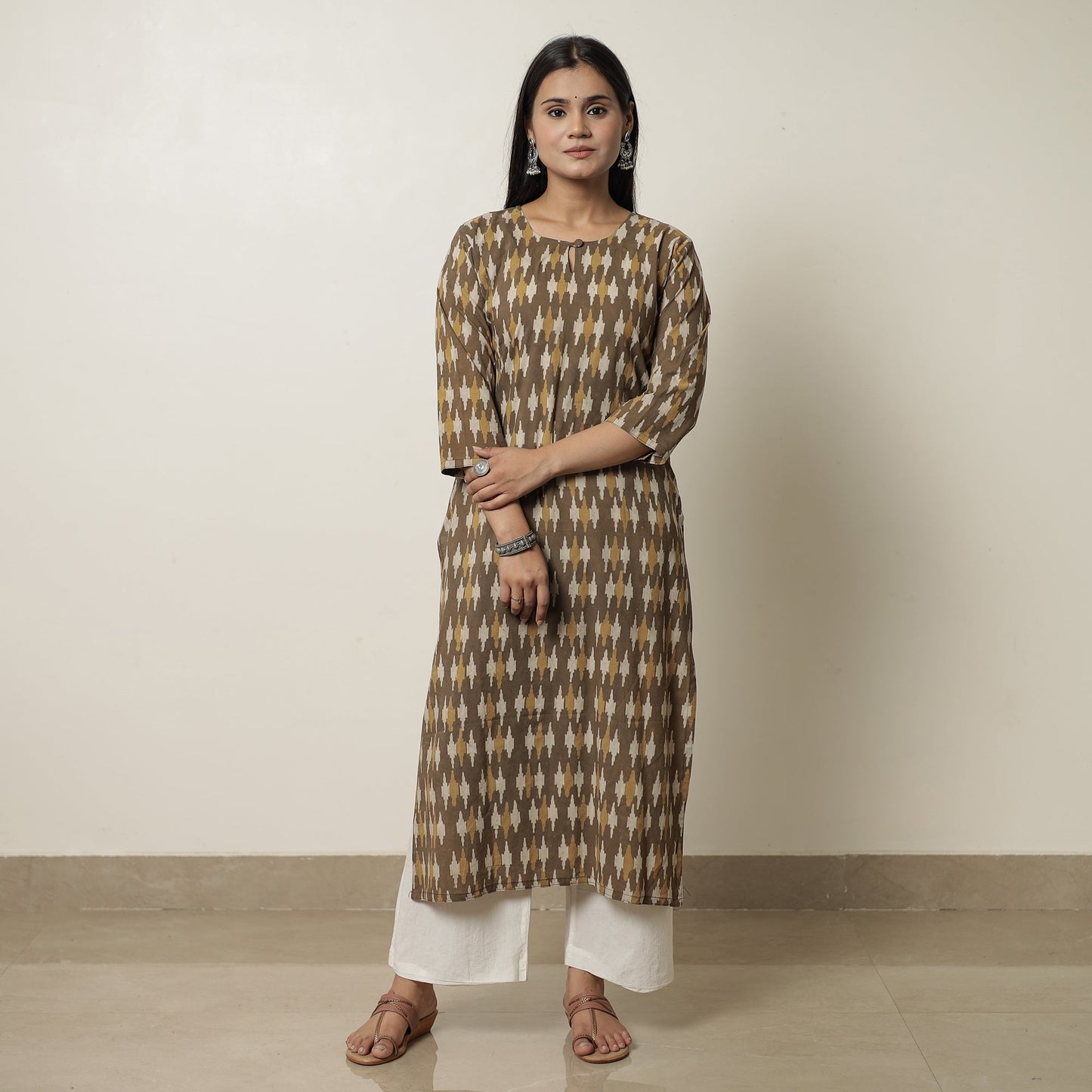Brown - Akola Hand Block Printed Cotton Long Straight Kurta 38